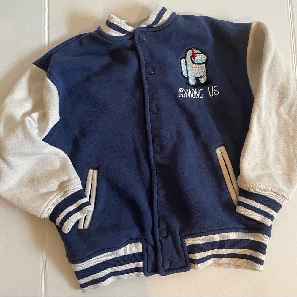 Zara Among Us Bomber Jacket Blue and White Graphic Hoodie 7-8 - Picture 3 of 8